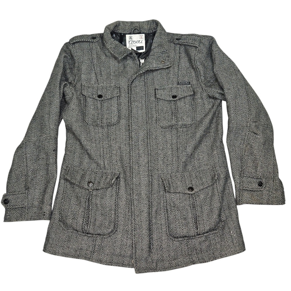 Ezekiel VTG Military Field Jacket Herringbone Wool Blend Grey Sz XL